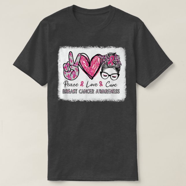Camiseta Paz Amor Cura Desordenado Bun Cáncer de Mama Rosa  (Diseño del anverso)