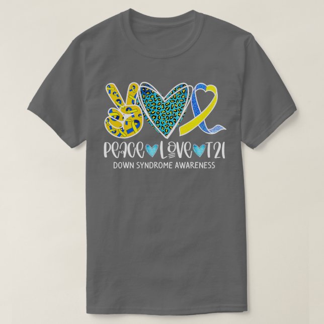 Camiseta Paz Amor Cure Blue & Yellow Ribbon Down Syndrome (Diseño del anverso)