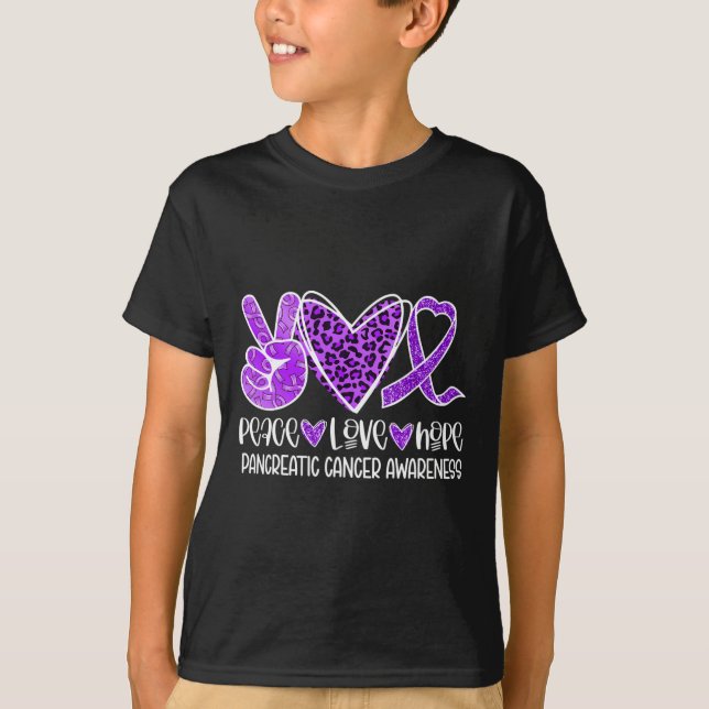 Camiseta Paz Amor Esperanza Leopardo Púrpura Cáncer Pancreá (Anverso)