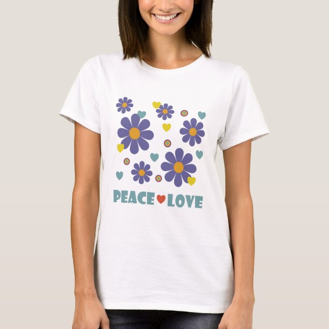 Camiseta Paz Amor Flores Púrpuras de los años 70 (Anverso)