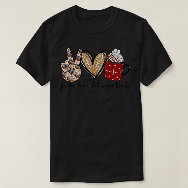 Camiseta Paz Amor Hot Cocoa Bombas Feliz Familia navideña  (Diseño del anverso)
