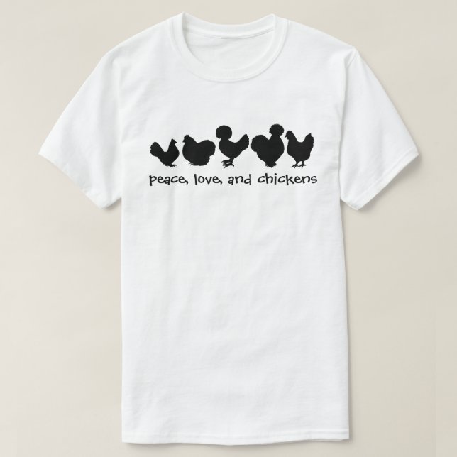 Camiseta paz, amor, y pollos blancos (Diseño del anverso)