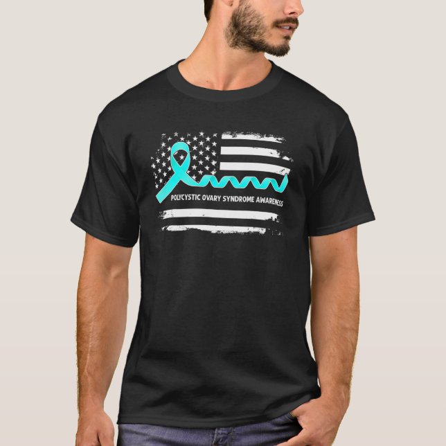 Camiseta PCOS Awareness American Flag   Teal Ribbon (Anverso)