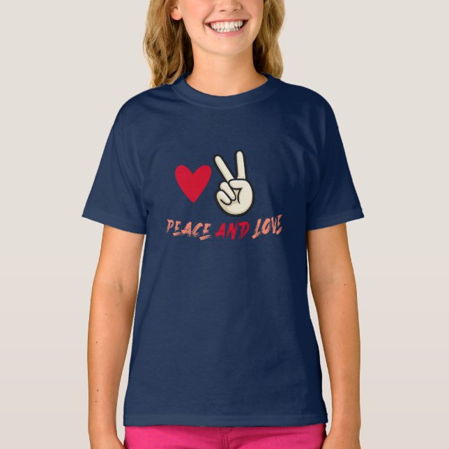 Camiseta Peace and Love Girls’ T-Shirt | Cute Heart and Pea (Anverso)