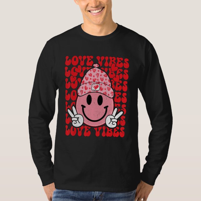 Camiseta Peace Hand Sign Retro Smile Face Love Vibes Valent (Anverso)