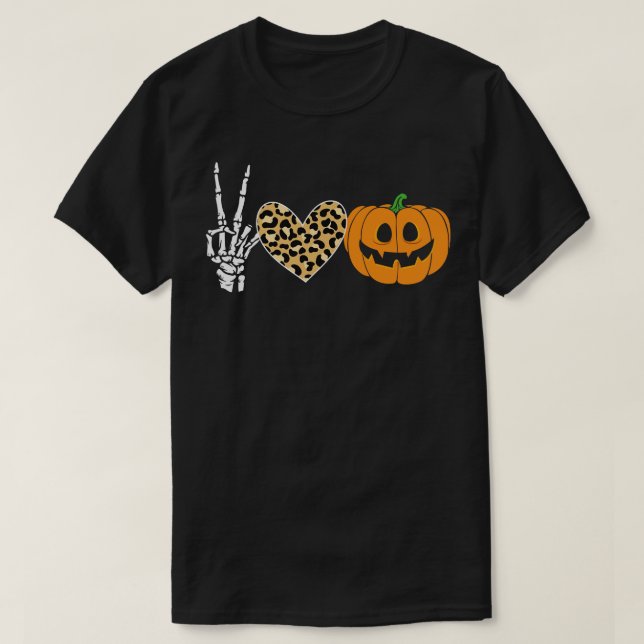 Camiseta Peace Heart Love Fall Pumpkin Halloween Leopard (Diseño del anverso)