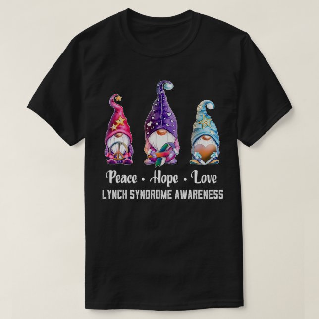 Camiseta Peace Hope Love Gnomes Lynch Syndrome Awareness (Diseño del anverso)