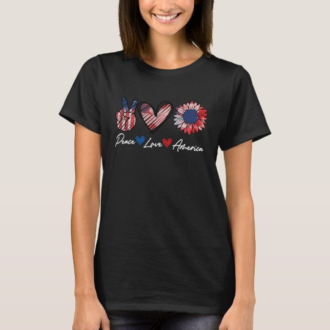 Camiseta Peace Love America 4 de julio Patriotic Sunflower  (Anverso)