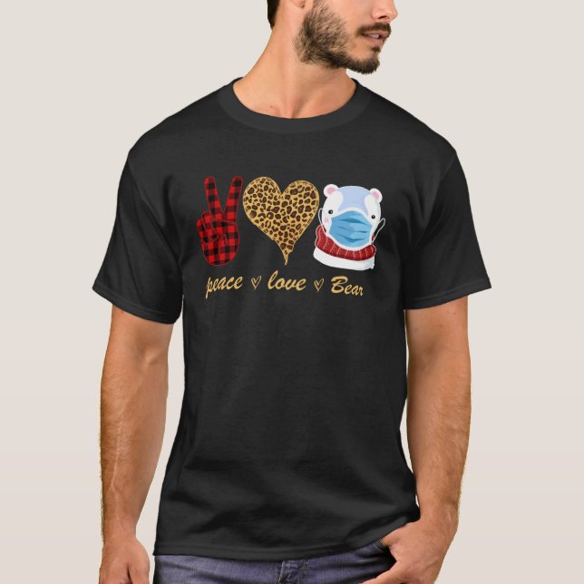 Camiseta Peace Love Bear Red Plaid Leopard Xmas Cuarentena (Anverso)