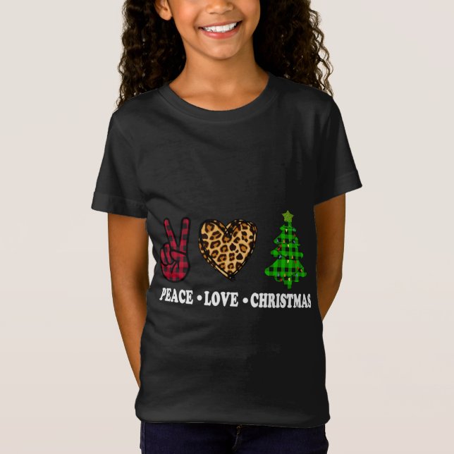Camiseta Peace Love Christmas Tree Buffalo Plaid Leopard Fu (Anverso)