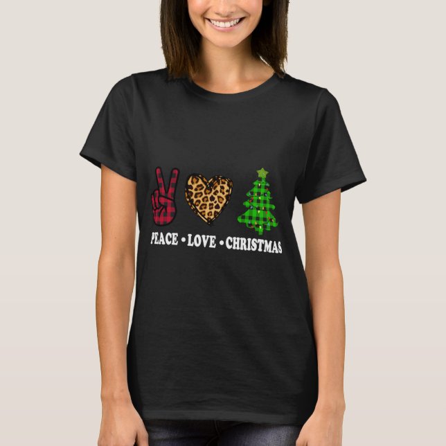 Camiseta Peace Love Christmas Tree Buffalo Plaid Leopard Fu (Anverso)