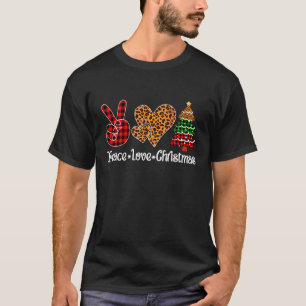Camiseta Peace Love Christmas Tree Plaid Leopard Print