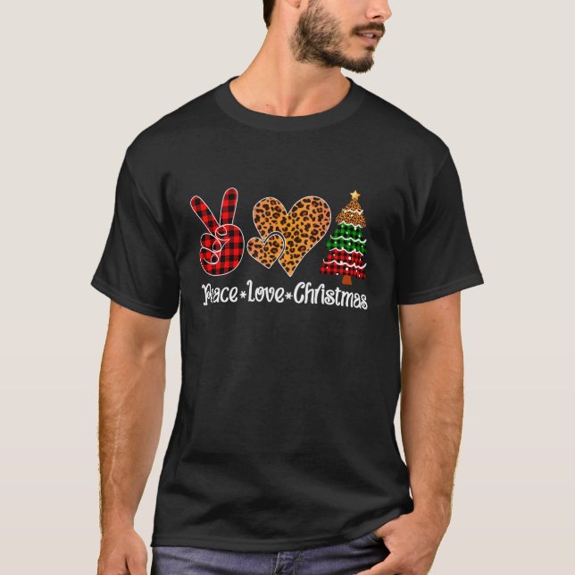 Camiseta Peace Love Christmas Tree Plaid Leopard Print (Anverso)