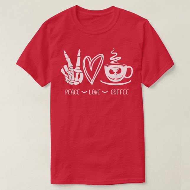 Camiseta Peace Love Coffee Skeleton Hand, Jack O Lantern F (Diseño del anverso)