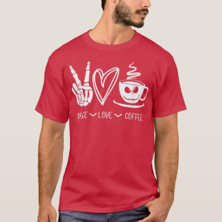 Camiseta Peace Love Coffee Skeleton Hand, Jack O Lantern F
