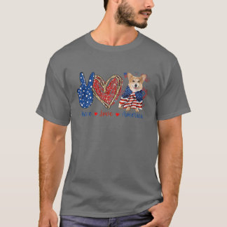 Camiseta Peace Love Corgi Perro Bandera Patriótica Norteame