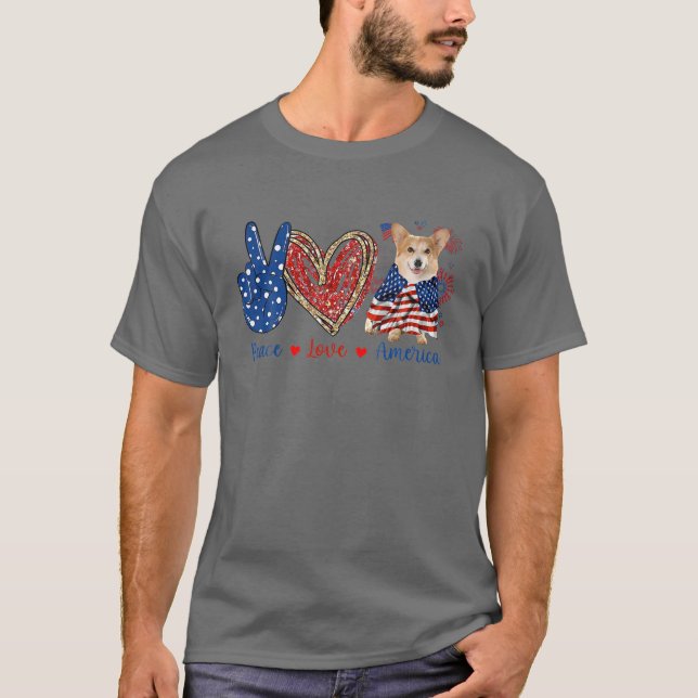 Camiseta Peace Love Corgi Perro Bandera Patriótica Norteame (Anverso)
