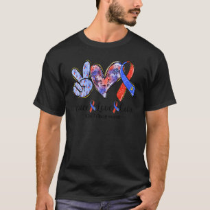 Camiseta Peace Love Cure Blue & Red Ribbon Sensibilización 