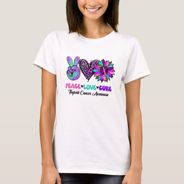 Camiseta Peace Love Cure Blue Ribbon Thyroid Cancer Awarene (Anverso)