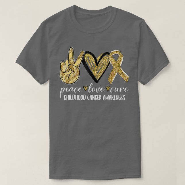 Camiseta Peace Love Cure Children Canchood Awareness Gold R (Diseño del anverso)