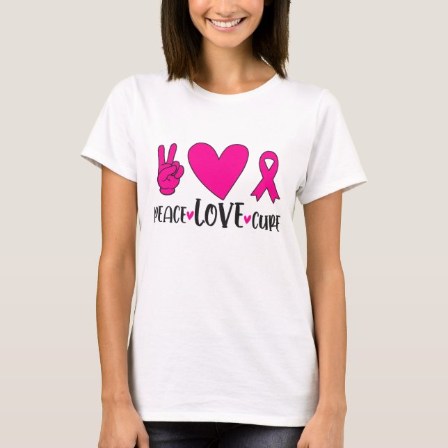 Camiseta Peace Love Cure Cure Cinta Rosa Cáncer de seno Awa (Anverso)