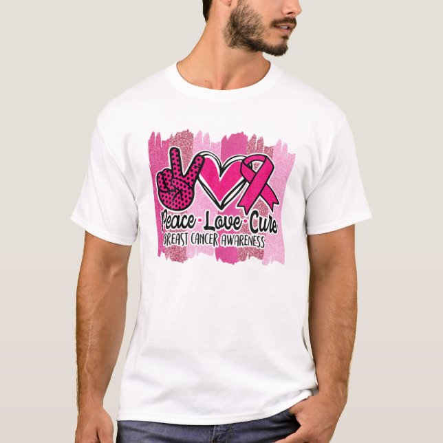 Camiseta Peace Love Cure Cure Cinta Rosa Cáncer de seno Awa (Anverso)