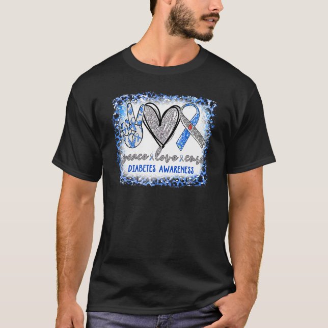 Camiseta Peace Love Cure Diabetes Awareness Blue Gray Ribbo (Anverso)