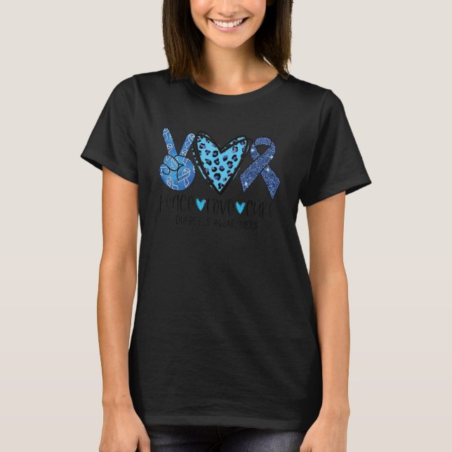 Camiseta Peace Love Cure Diabetes Awareness Leopard Blue Ri (Anverso)