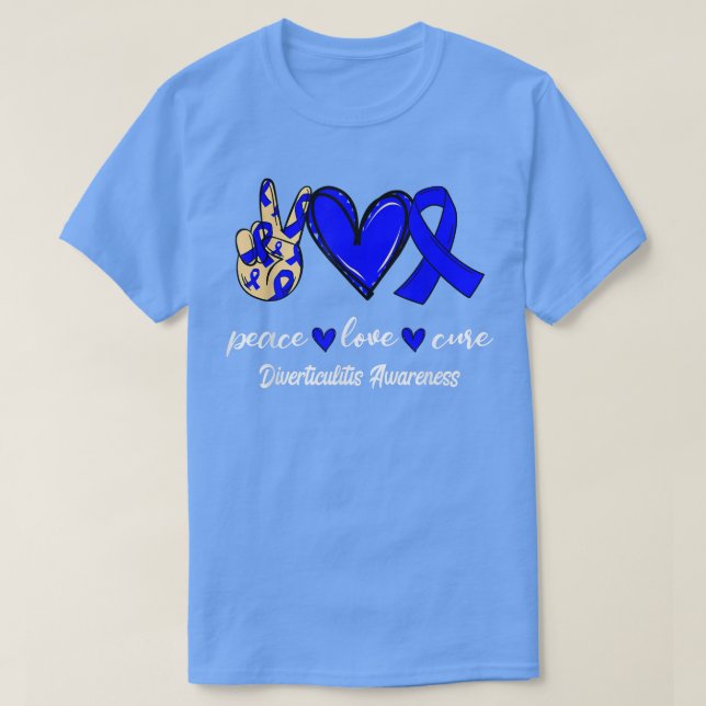 Camiseta Peace Love Cure Diverticulitis Blue Ribbon Awarene (Diseño del anverso)