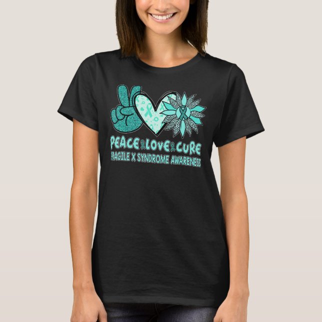 Camiseta Peace Love Cure Fragile X Syndrome de Cinta Verde  (Anverso)