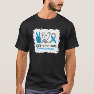Camiseta Peace Love Cure Gray Blue Ribbon Diabetes Awares