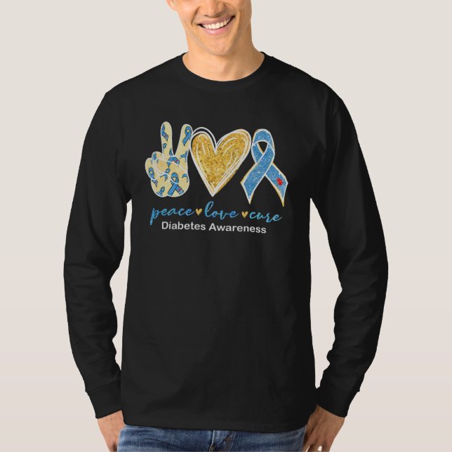 Camiseta Peace Love Cure Gray Blue Ribbon Diabetes Awares (Anverso)