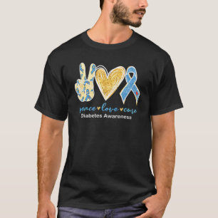 Camiseta Peace Love Cure Gray Blue Ribbon Diabetes Awares