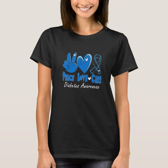 Camiseta Peace Love Cure Grey Blue Ribbon Diabetes Awarenes (Anverso)
