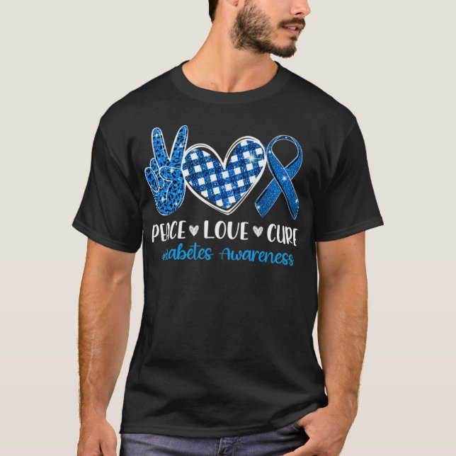 Camiseta Peace Love Cure Grey Blue Ribbon Diabetes Awarenes (Anverso)