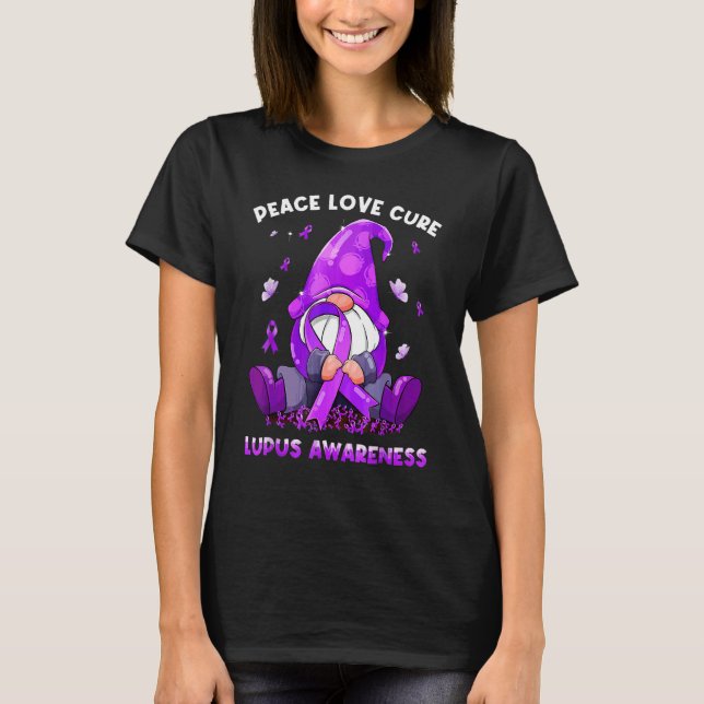 Camiseta Peace Love Cure Lupus Awareness Purple Ribbon Gnom (Anverso)