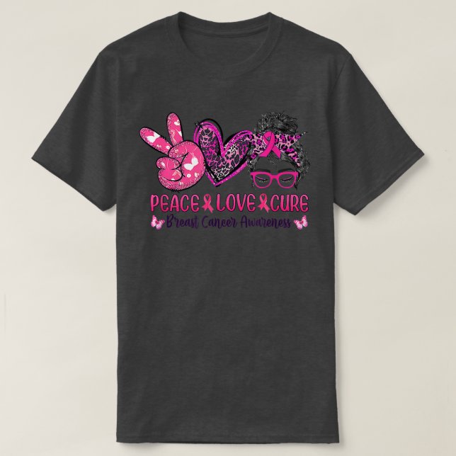Camiseta Peace Love Cure Pink Leopard Messy Bun Breast Canc (Diseño del anverso)