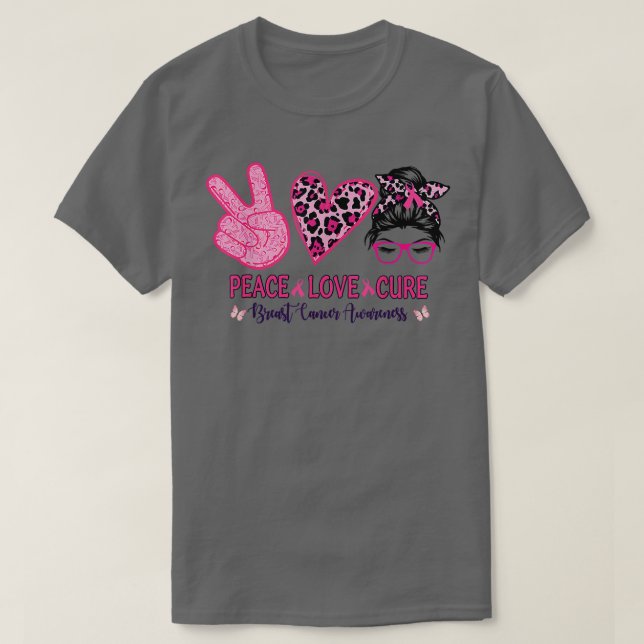 Camiseta Peace Love Cure Pink Leopard Messy Bun Breast Canc (Diseño del anverso)