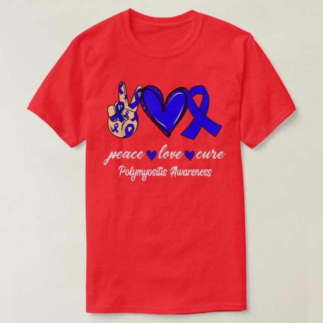 Camiseta Peace Love Cure Polymyositis Blue Ribbon Awareness (Diseño del anverso)