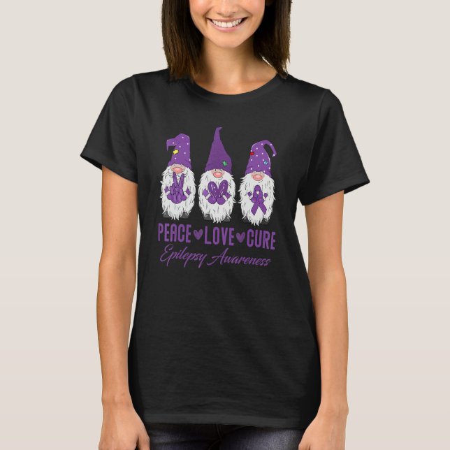 Camiseta Peace Love Cure Purple Gnome   Epilepsy Awareness  (Anverso)