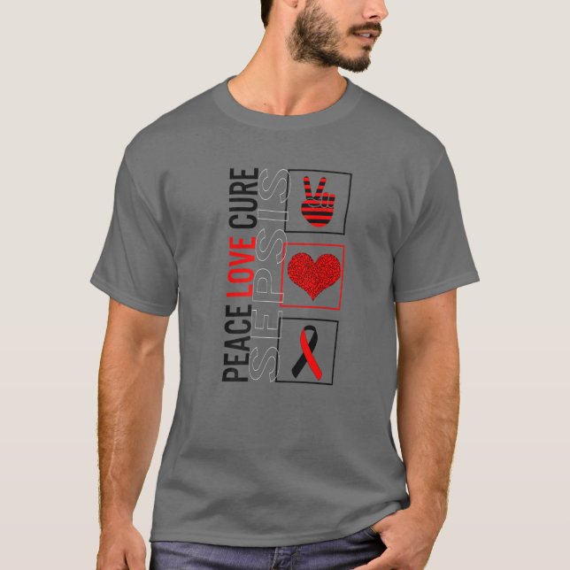 Camiseta Peace Love Cure Sepsis Awarsion Ribbon Warrior Su (Anverso)