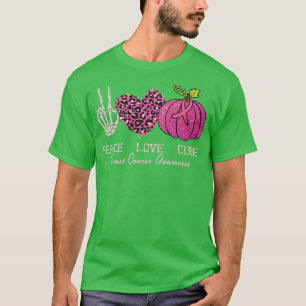 Camiseta Peace Love Cure Skeleton Pink Leopard Pumpkin Brea