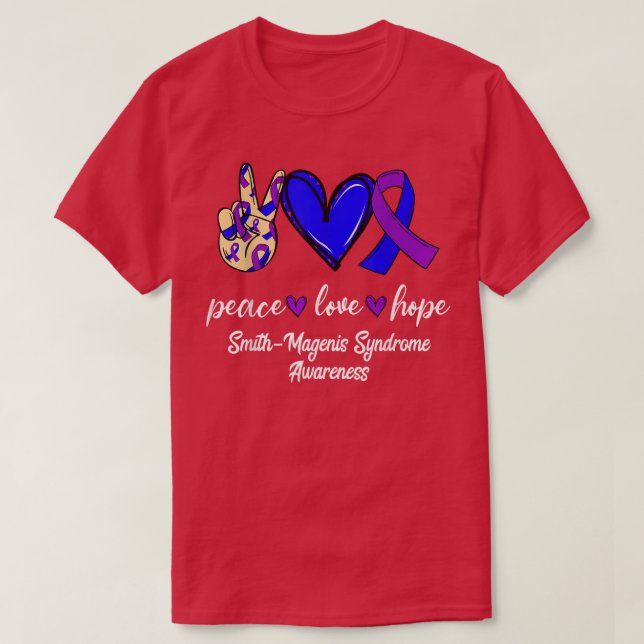Camiseta Peace Love Cure Smith-Magenis Syndrome Purple Blue (Diseño del anverso)