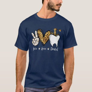 Camiseta Peace Love Dental Leopard Heart Teeth Dentist