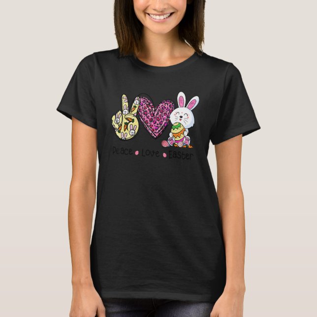 Camiseta Peace Love Easter Leopard Bunny Egg Basket Women K (Anverso)