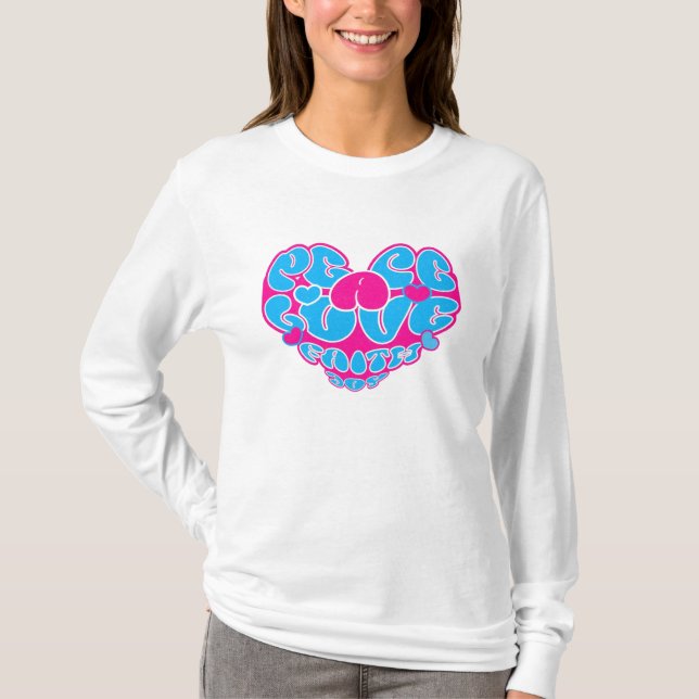 Camiseta Peace Love Faith Joy Aqua Pink Heart Retro (Anverso)