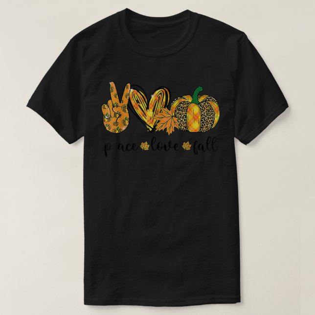 Camiseta Peace Love Fall Leopard Plaid Pumpkin de otoño gra (Diseño del anverso)
