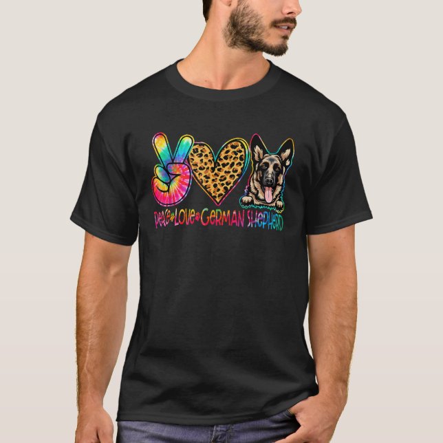Camiseta Peace Love German Shepherd Tie Dye Dog Lover  (Anverso)