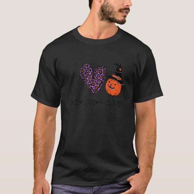 Camiseta Peace Love Halloween Calabaza Leopardo Halloween C (Anverso)