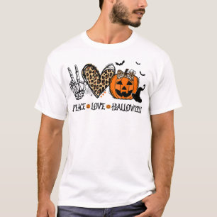 Camiseta Peace Love Halloween Happy Halloween Pumpkin Leopa